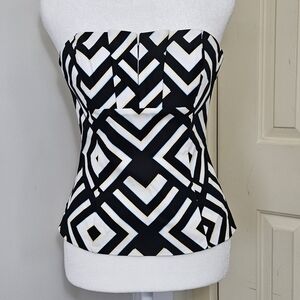 White House Black Market Geometric Black and White Strapless Top